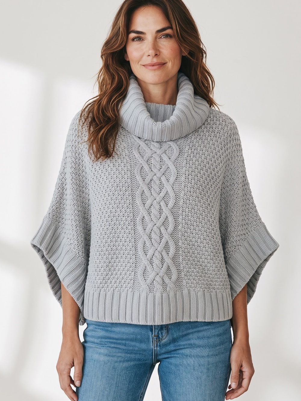 Elan Light Gray Cowl Neck Cable Knit Poncho